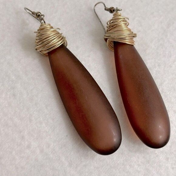 Vintage Frosted Lucite Earrings Dangle Amber Gold Tone Wired - Picture 1 of 3